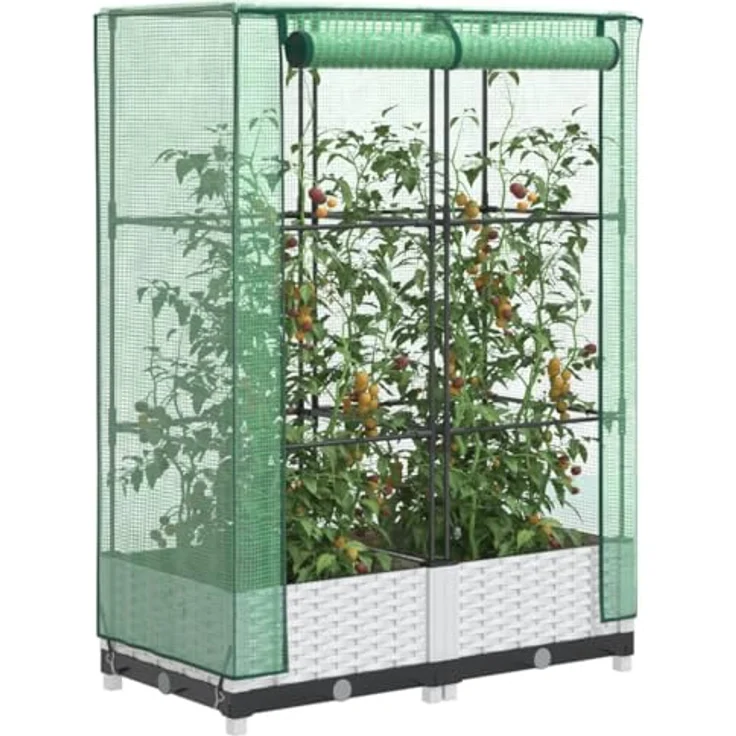 vidaXL Hochbeet mit Gewächshaus-Aufsatz Rattan-Optik 80x40x123 cm, Weiß - Stabiles Eisenrohr-Rahmen, wasserfeste Abdeckung, praktische Belüftungsfunktion – Bild 2