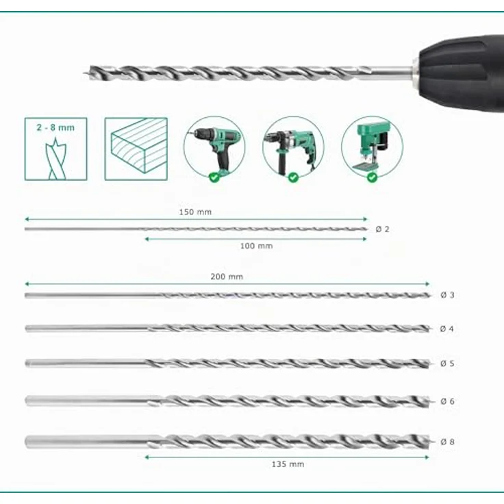 ENT 09246 Holzbohrer-Set, 6-teilig, HSS-G, Ø 2-8 mm, Nutzlänge 100/135 mm, Gesamtlänge 150/200 mm, präzise Zentrierspitze und Vorschneider – Bild 2