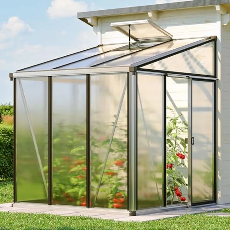 GFP Gewächshaus Anlehngewächshaus Ella 33 - Aluminium - 199x194 cm - 16 mm Polycarbonat-Platten, langlebige PC-Platten, stabile Aluminiumkonstruktion, integrierte Dachrinne - Silber – Bild 2