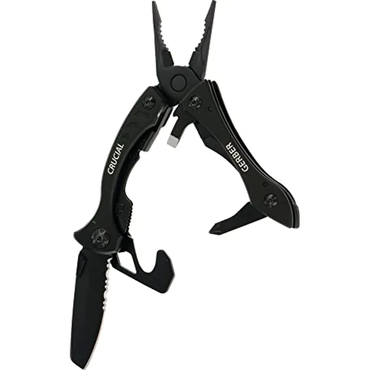 Gerber Crucial Multi-Tool, 9 Funktionen mit Gürtel-Clip, Gurtschneider, Liner-Lock, Länge 9,1 cm, Schwarz, 31-001518