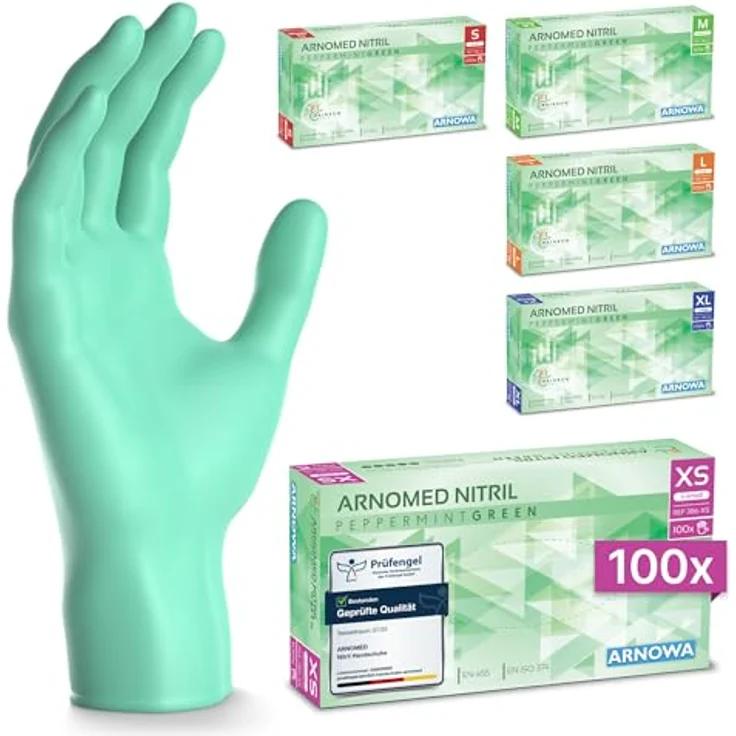 ARNOMED Einweghandschuhe, 100 Stück/Box, Nitrilhandschuhe XS, puderfrei, latexfrei, haustfreundlich, lebensmittelecht, optimaler Grip – Bild 1