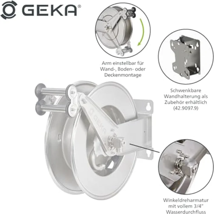 GEKA plus automatischer Schlauchaufroller EA15, Edelstahlkonstruktion mit 15 m 3/4“ oder 25 m 1/2“ Schlauch, flexible Montageoptionen – Bild 4