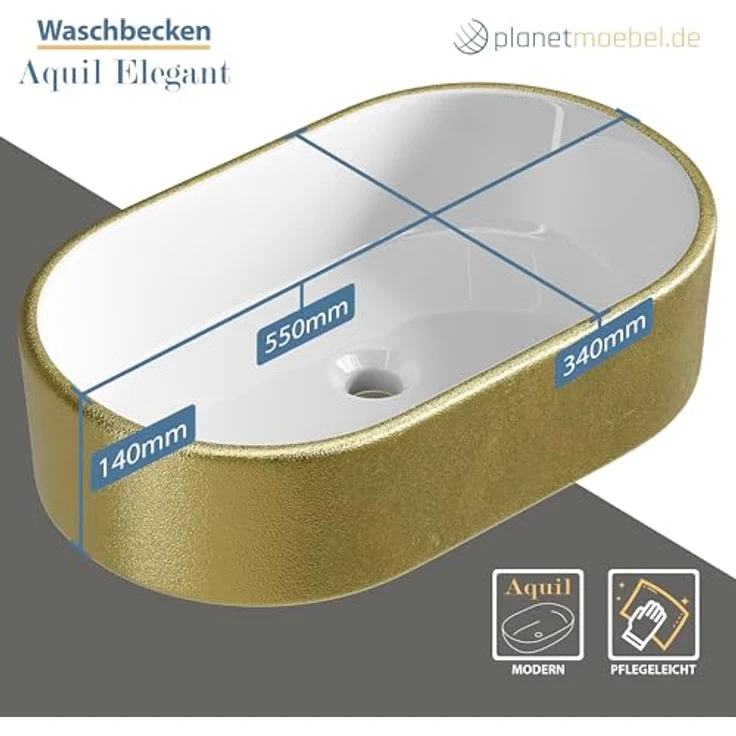 Planetmöbel Aufsatzwaschbecken Aquil, ovales Badezimmer Waschbecken 55 cm, glänzende goldene Oberfläche für Waschtisch – Bild 5