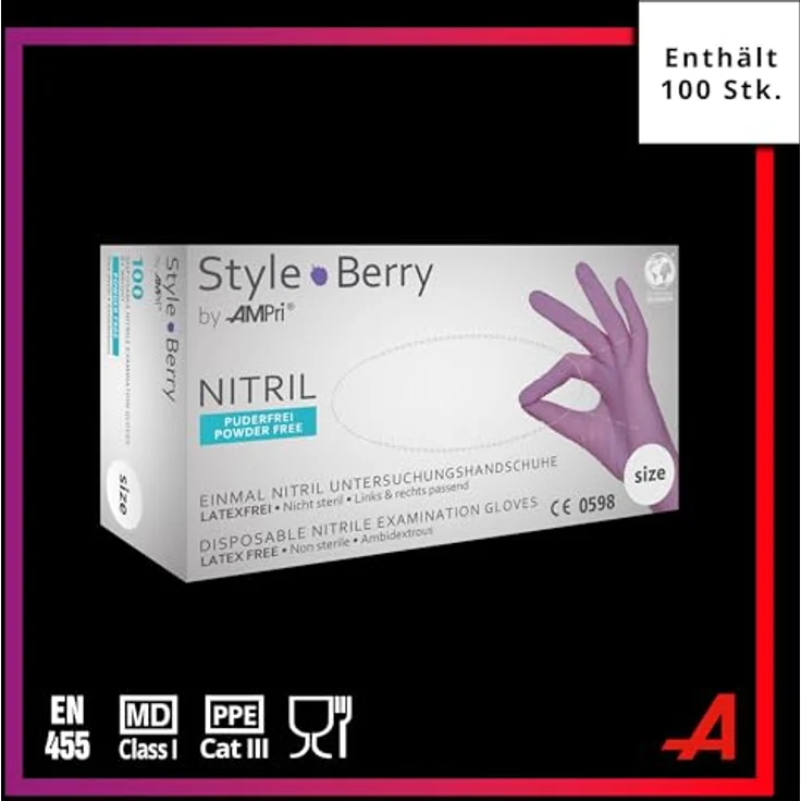 AMPri Nitrilhandschuhe, lila, 100 Stück/Box, Größe M, puderfrei, Style Berry by Med-Comfort: Einweghandschuhe in den Größen XS, S, M, L, XL – Bild 2