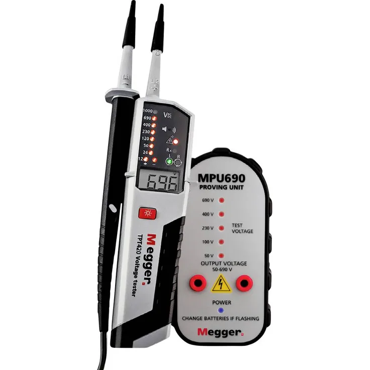 Megger TPT420 Spannungsprüfer CAT IV, LED & LCD, AC/DC Messung bis 1000 V, IP64, inkl. GS38 Prüfspitzenabdeckungen und Transporttasche