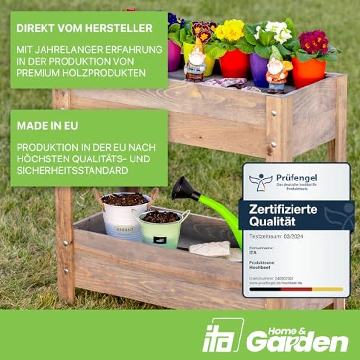ITA Hochbeet aus Holz 80x37x78 cm - Pflanzkasten mit 2 Ebenen & Innenfolie - Made in EU - Direkt vom Hersteller - FSC Kiefernholz - Braun – Bild 2