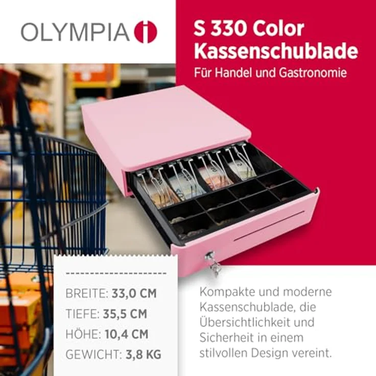 Olympia S 330 Bonbon pink, Kassenlade mit 8 Münzfächern, 4 Scheinfächern, robustem Vollmetall-Unterbau, elektrisch ansteuerbar mit Schloss & RJ11/RJ12-Anschluss – Bild 2