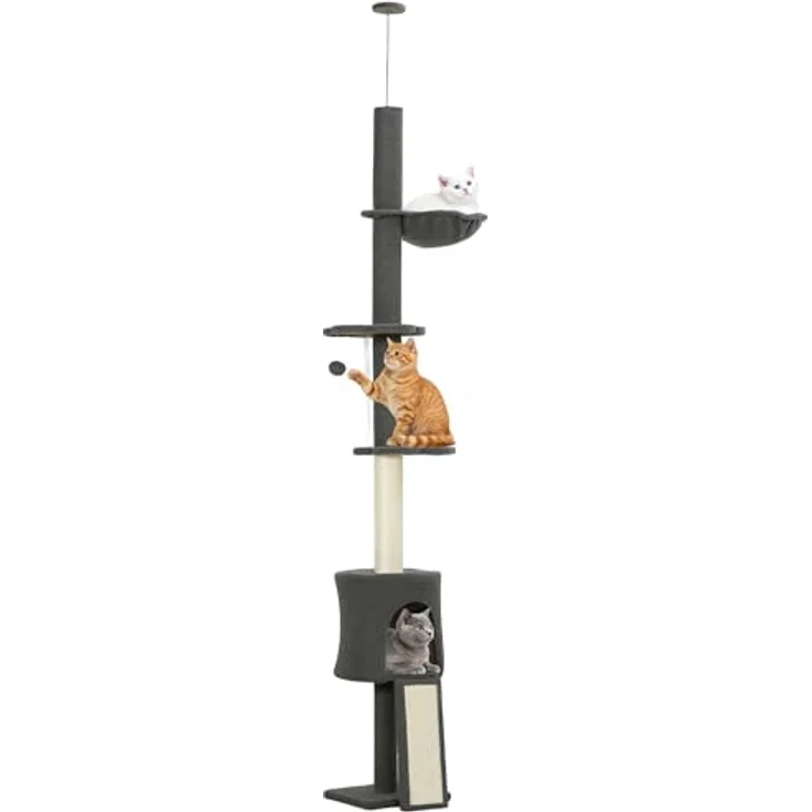 PawHut Kratzbaum Deckenhoch 200-240 cm, höhenverstellbar mit Hängematte, Höhle, Rampe und 7 cm dicken Kratzstämmen, für Katzen unter 5 kg, Dunkelgrau – Bild 1