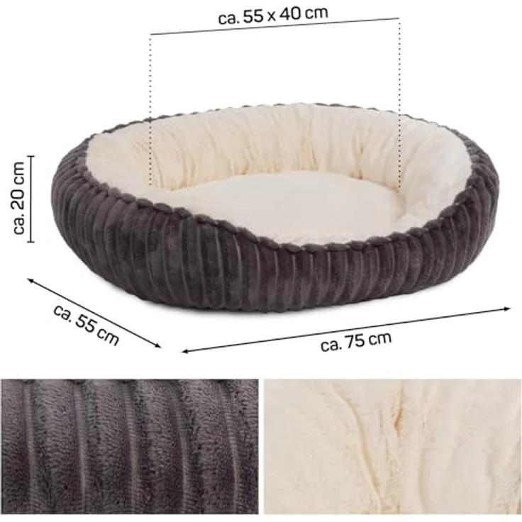 Wallace & Jones Hundebett Cameron | Ovaler Hundekorb für mittelgroße Hunde | Flauschiger anthrazit-beiger Hundekorb rutschfest | Größe M 75 x 55 x 20 cm – Bild 2