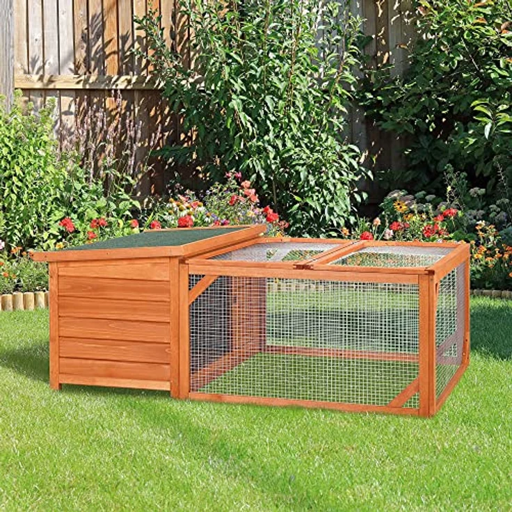 Pawhut Kleintierstall Zwergkaninchenstall mit öffenbarem Asphaltdach Kleintierkäfig Outdoor Indoor Hinterhof wetterbeständig Tannenholz Orange+Grün 125,5 x 100 x 49 cm – Bild 2