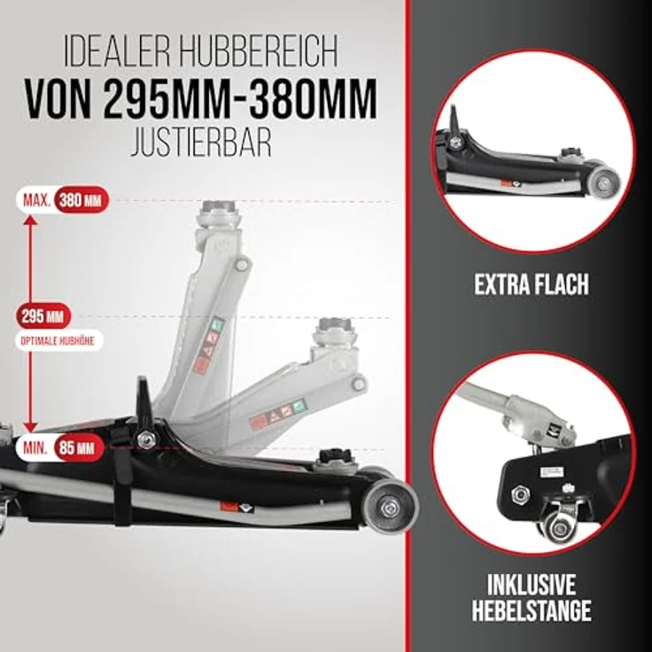 HEYNER® Hydraulischer Wagenheber UltraLowLift PRO, 2,25t Tragkraft, Hubhöhe 85–380 mm, Chrom-Vanadium, extra flach mit Gummiauflage & Tasche, inkl. TrolleyPad PRO – Bild 5