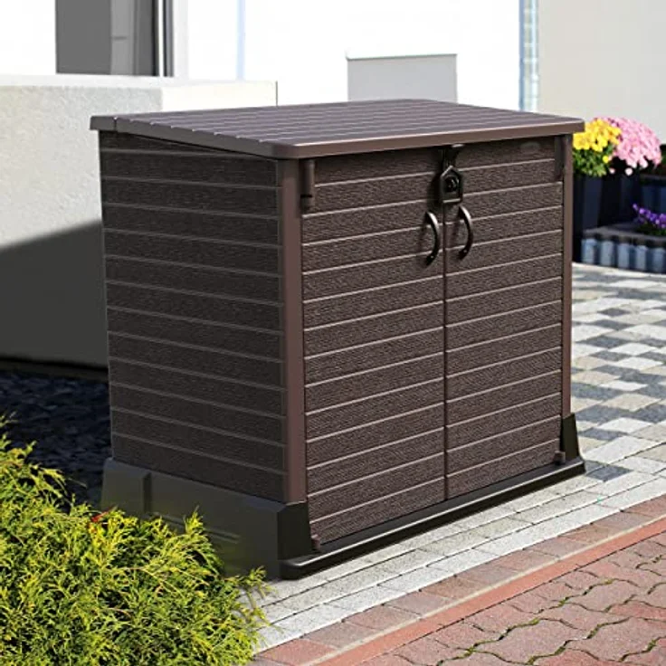 Duramax Cedargrain StoreAway 850L Kunststoff-Gartenhaus - Outdoor-Gartenhaus, Mülltonnenbox, Solide Konstruktion, ideal für Werkzeuge, BBQs und Mülltonnen 2x 120L, 130 x 74 x 110 cm, Dunkelbraun – Bild 2