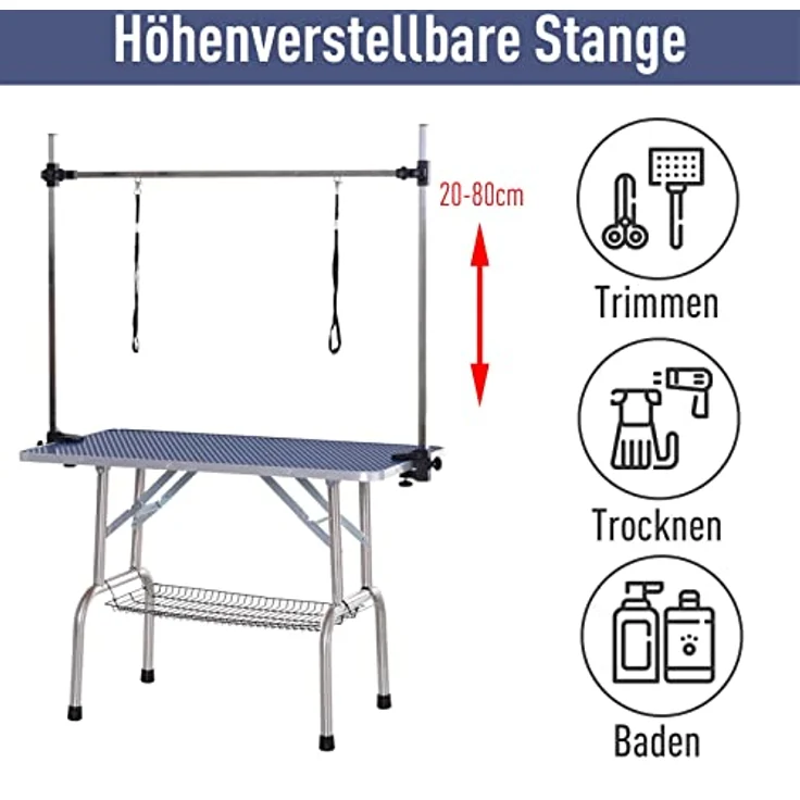 Pawhut Trimmtisch Tierpflegetisch Schertisch Pflegetisch mit Unterkorb für Hunde höhenverstellbar klappbar Edelstahl Metall Blau 107 x 60 x 170 cm – Bild 4