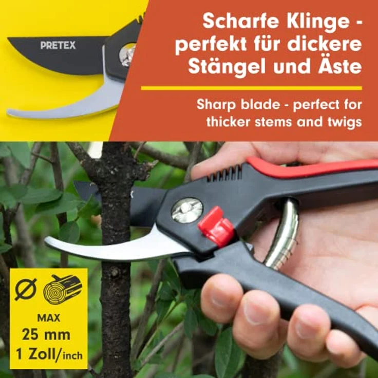 PRETEX Gartenschere mit einhändig bedienbarem Sicherungshebel, Schneideblatt mit Antihaft-Beschichtung | Garten-Schere, Reb-Schere, Weinberg-Schere, Ast-Schere – Bild 2