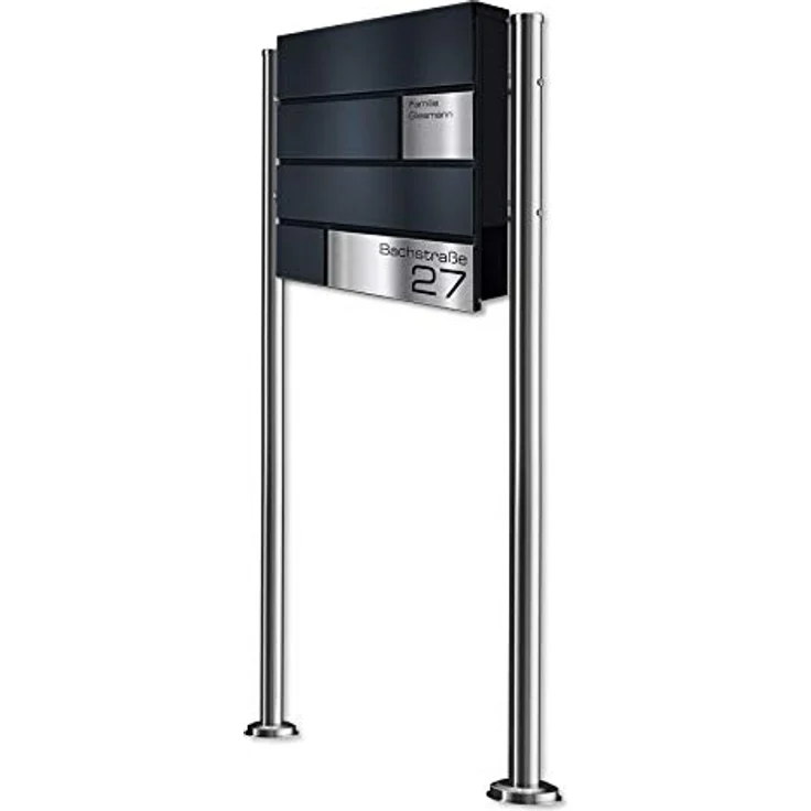 Metzler Standbriefkasten in Anthrazit Modell G - Pulverbeschichtung in RAL 7016 Feinstruktur Matt - Briefkasten mit Gravur, Edelstahl Namensschild & Ständer - Größe: 37 x 37 x 10,5 cm - Höhe 120 cm – Bild 2