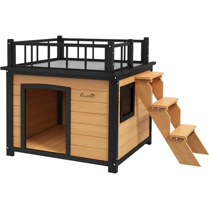 PawHut Hundehütte Hundehaus mit Balkon, Tannenholz, für Kleine und Mittele Hunde, 121L x 77B x 78H cm