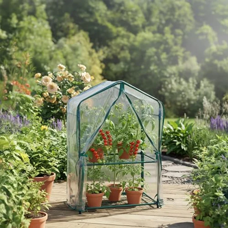 Relaxdays Balkon Gewächshaus, Tomatenhaus mit 2 Etagen, PVC-Folie, Stahl, HxBxT: 95 x 59 x 39 cm, grün/transparent – Bild 3