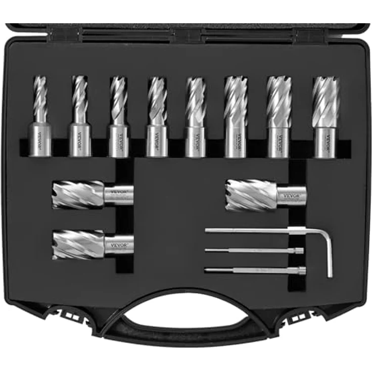 VEVOR Kronenbohrer-Set Metall 13 tlg. HSS mit 25,4 mm Schnitttiefe, Zubehör für Magnetbohrmaschinen, inkl. Inbusschlüssel und Führungsstiften – Bild 1