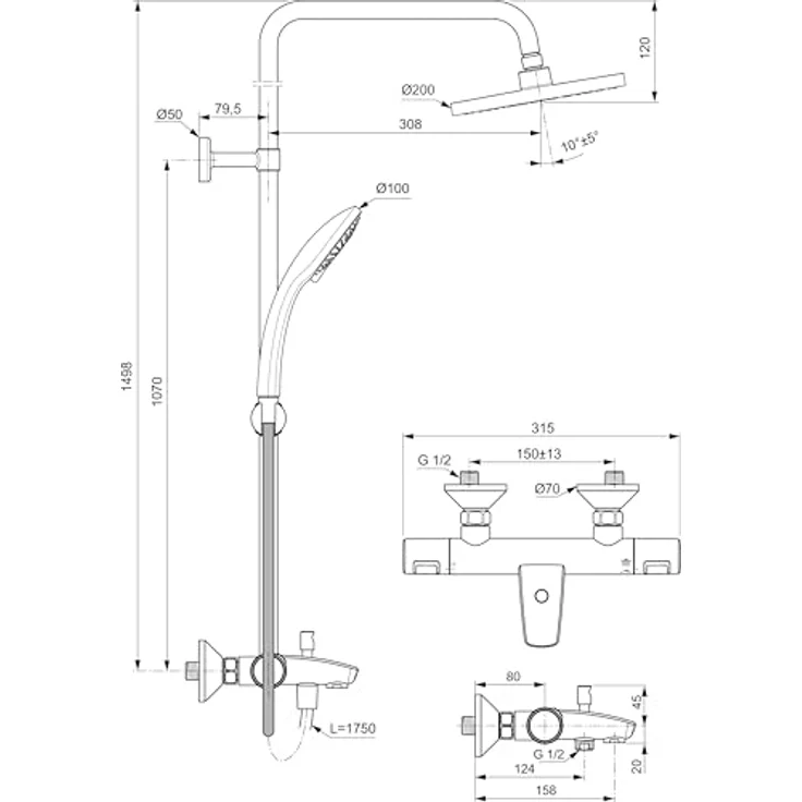 Ideal Standard Duschsystem Ceratherm T25, Badearmatur mit Handbrause und Kopfbrause 20 cm, Chrom finish – Bild 7