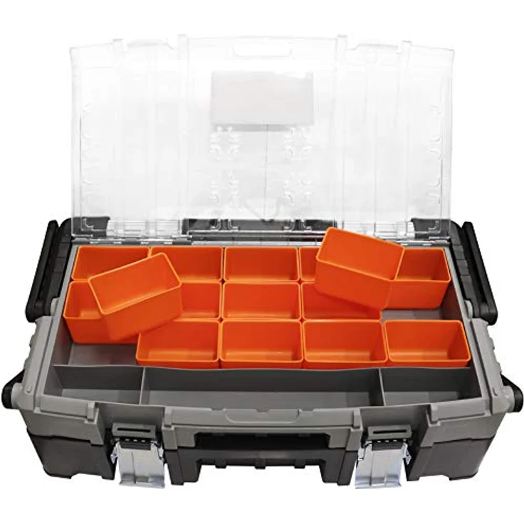 BOXER® Werkzeugkasten leer 22", Kunststoff mit 15 Fächern im Deckel, stabile Metallschließen, schwarz/orange – Bild 2