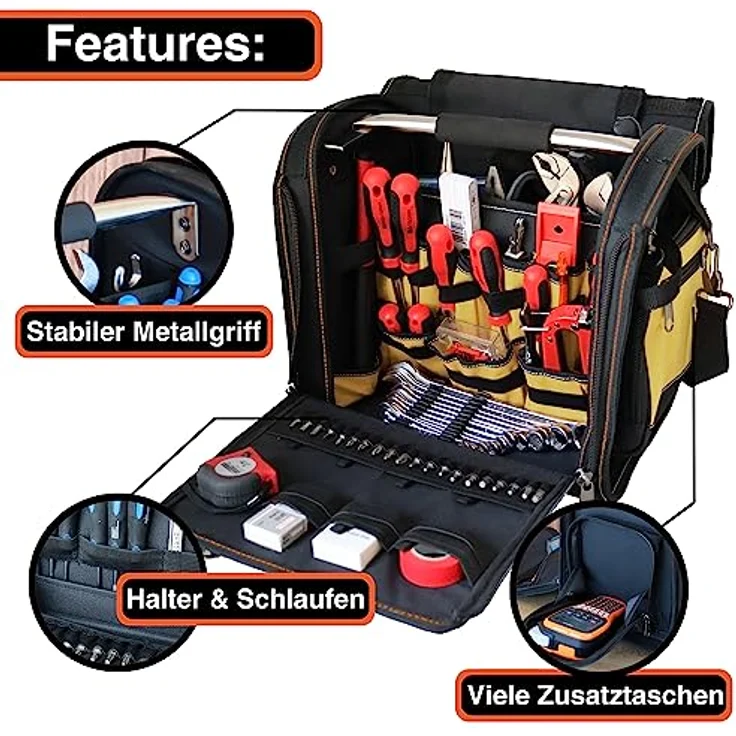 YPC Foreman Werkzeugtasche XL – Wasserfeste Aufbewahrungstasche mit 30 Fächern, robustem Metallgriff, Schultergurt, sand-schwarz, 37x36x27cm, 20 kg Tragkraft – Bild 3