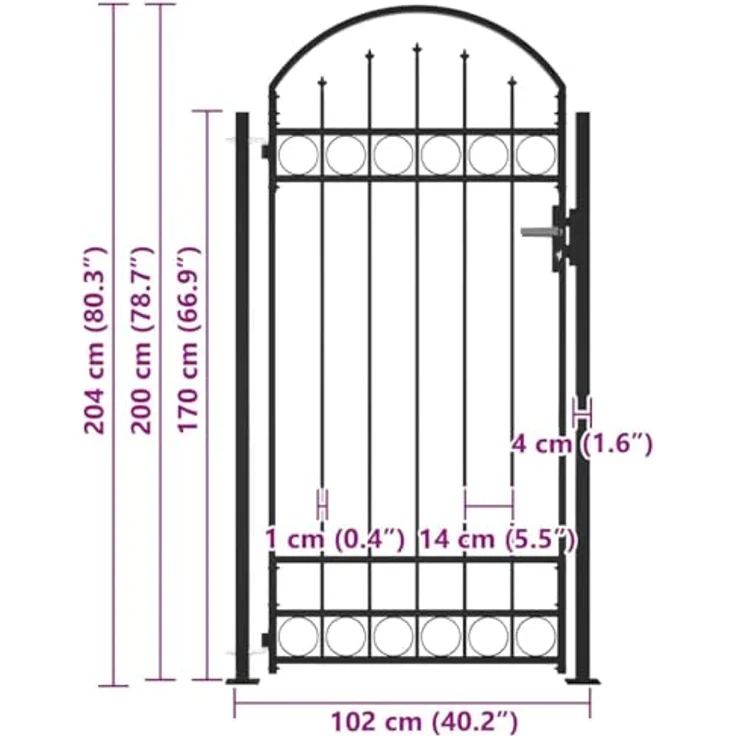 vidaXL Zauntor mit gewölbter Spitze und 2 Pfosten 105 x 204 cm Schwarz – Bild 4