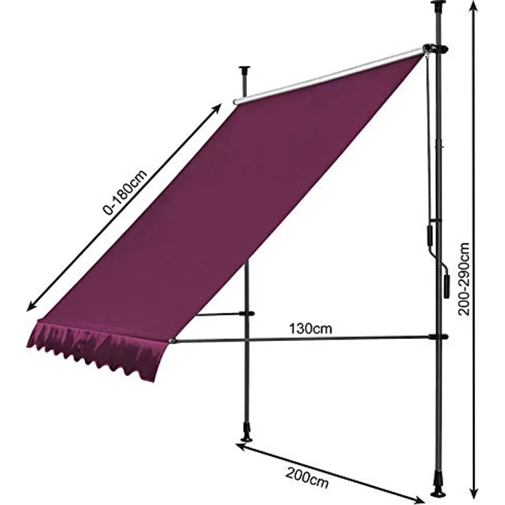 Klemmmarkise 200x130cm Bordeaux Balkonmarkise Sonnenschutz Terrassenüberdachung Höhenverstellbar von 200-290cm Markise Balkon ohne Bohren – Bild 2