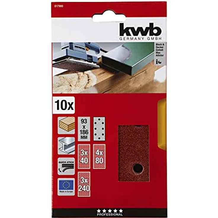 kwb Quick-Stick Schleifpapier – für Schwing-Schleifer K 40, K 80, K 240, für Holz und Metall, 93 mm x 187 mm, Edelkorund, gelocht mit Klett (10 Stk.) - Preisvergleich – Bild 2