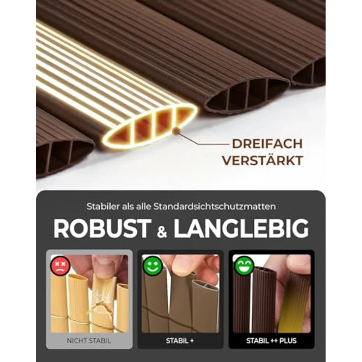 paramondo PVC Sichtschutzmatte 60 x 500 cm, Dreifache Verstärkung für Garten und Terrasse, wetterfest mit strukturierter Oberfläche, Braun – Bild 3