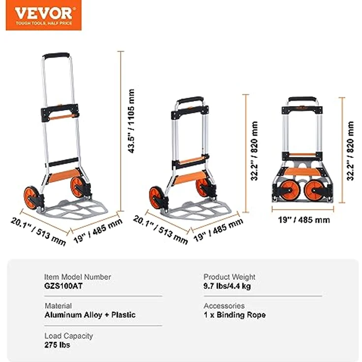 VEVOR Sackkarre Klappbar 125kg, Verstellbarer Griff, Aluminiumlegierung, Schwarz – Bild 9