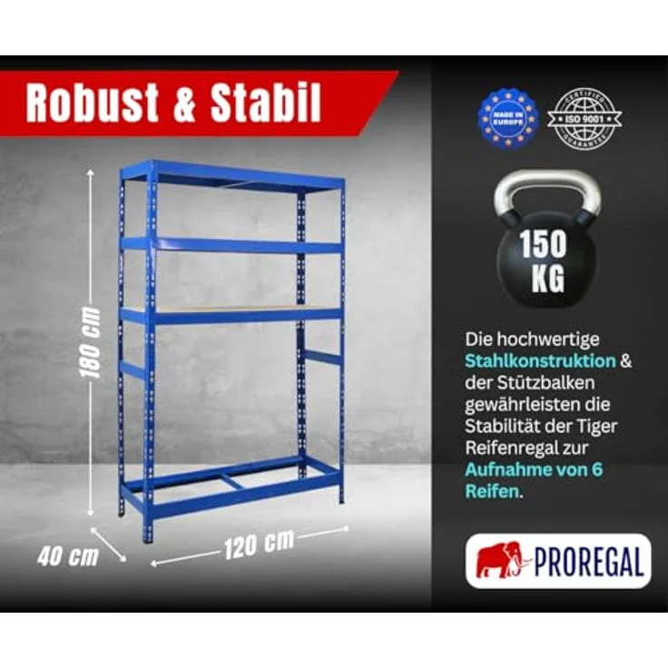 Proregal Reifenregal Tiger mit Fachboden, Platz für 6 Reifen, verstellbare Einlagerungsebenen, blau, 180 x 120 x 40 cm – Bild 2