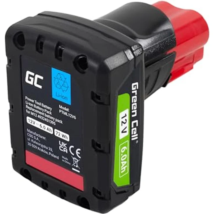 Green Cell Akku 12V 6Ah Li-Ion für Milwaukee M12 Elektrowerkzeuge — Hochleistungs-Ersatzakku mit 1000 Ladezyklen und kein Memory-Effekt – Bild 3