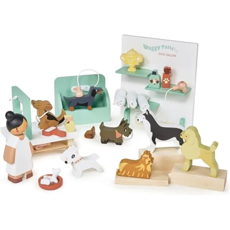 Tender Leaf Toys Waggy Tails Hundesalon, Interaktives Holzpflege-Set für Kinder – inkl. 7 Hunderassen, umweltfreundlich und sicher, 40 x 30 x 16 cm