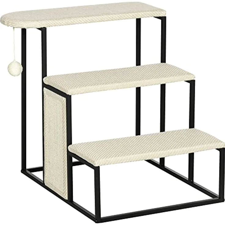 PawHut Haustiertreppe 3-stufige Katzentreppe Hundetreppe mit Kratzbrett und Spielball Einstieghilfe Praktische & Leichte Tiertreppe Stahl Sisal Cremeweiß+Schwarz 51 x 54 x 53cm