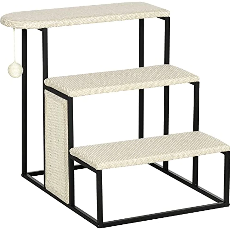 PawHut Haustiertreppe 3-stufige Katzentreppe Hundetreppe mit Kratzbrett und Spielball Einstieghilfe Praktische & Leichte Tiertreppe Stahl Sisal Cremeweiß+Schwarz 51 x 54 x 53cm – Bild 1