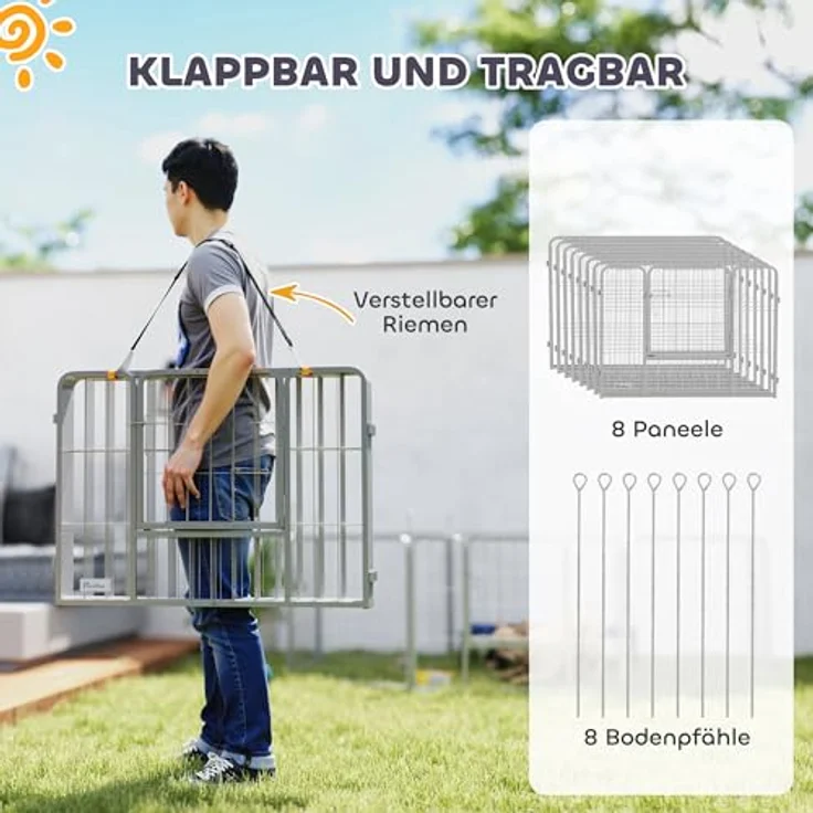 PawHut Welpenlaufstall 8-TLG, flexibles Freilaufgehege mit 8 Gitterplatten, Tür, Erdspießen und Schutzplane, 60 cm hoch, ideal für Hunde, Katzen und Welpen, tragbar für Innen und Außen – Bild 5