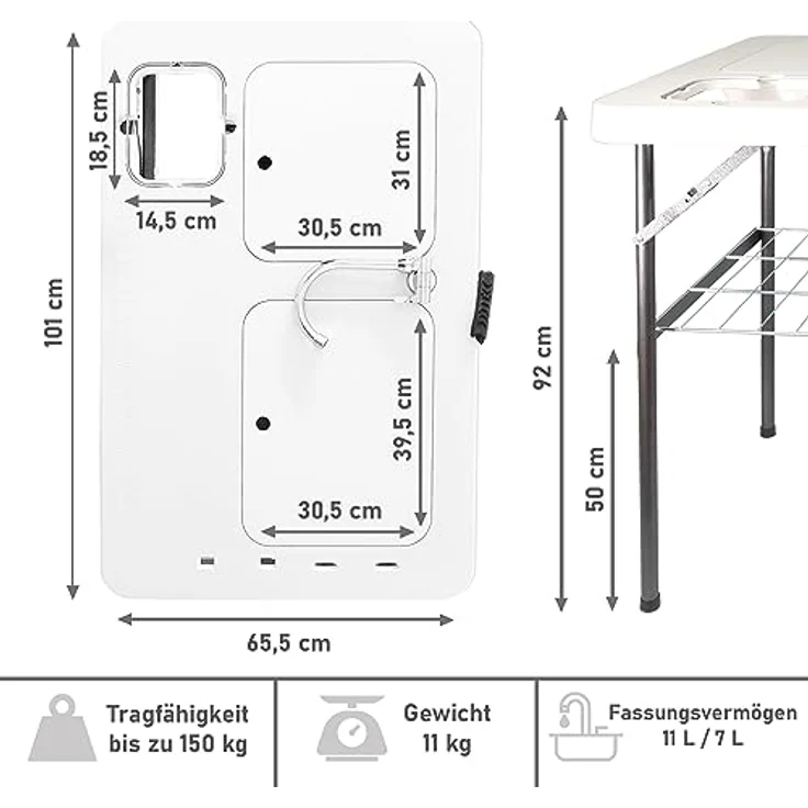 Lemodo Kunststoffspüle Filetiertisch klappbar mit zwei Becken und Abdeckungen, 101/65.5 cm, weiß, robustes Material, wetterbeständig, Outdoor-Spüle, Multifunktionswaschtisch - Preisvergleich – Bild 3