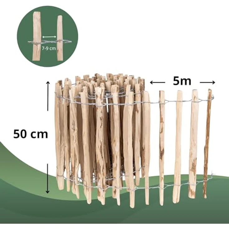 Creative Home Haselnuss Staketenzaun, 50cm hoch, 5m lang, robust und langlebig, flexibles Design, Lattenabstand 7-9 cm, ideal als Beetumrandung und Gartenabtrennung – Bild 2