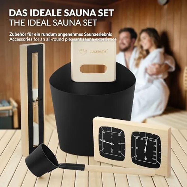 LuxeBath Saunazubehör-Set, 4-teiliges Set aus Aluminium & Naturholz, schwarz, 6L Aufgusskübel mit Griff, Schöpfkelle, Thermo-Hygrometer & 15min Sanduhr, langlebiges Sauna Zubehör – Bild 5