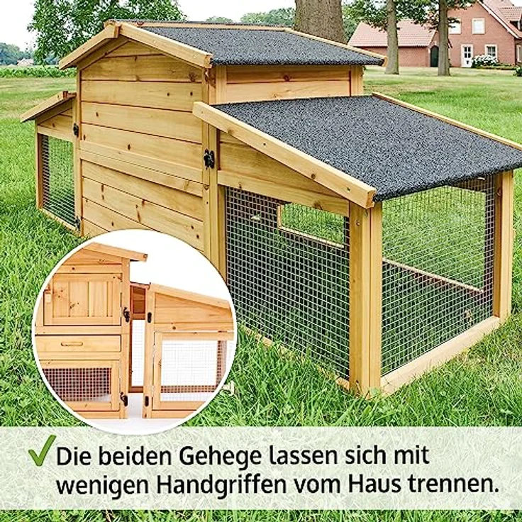 zooprinz großer Hasenstall, Kaninchenstall mit extra hoher Kotschublade aus massiven Vollholz - für draußen mit Öffnungsdach, natürliche Farbe – Bild 3