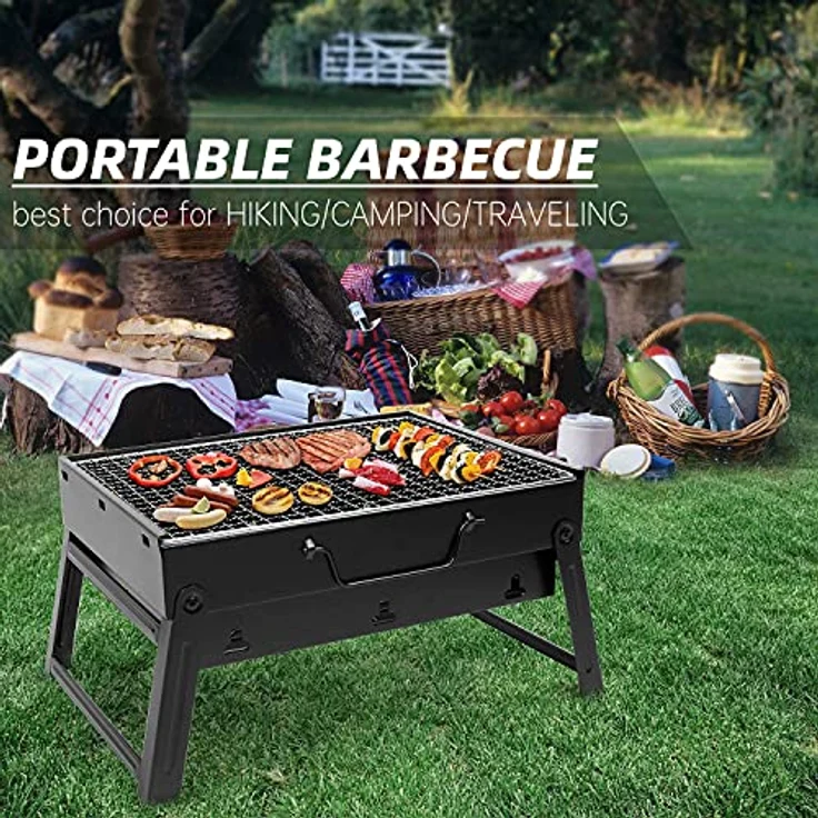 SunJas BBQ Holzkohlegrill Reisegrill Minigrill Tischgrill Picknick Campinggrill, faltbar und tragbar, kaltgewalztes Eisen, in Schwarz – Bild 5