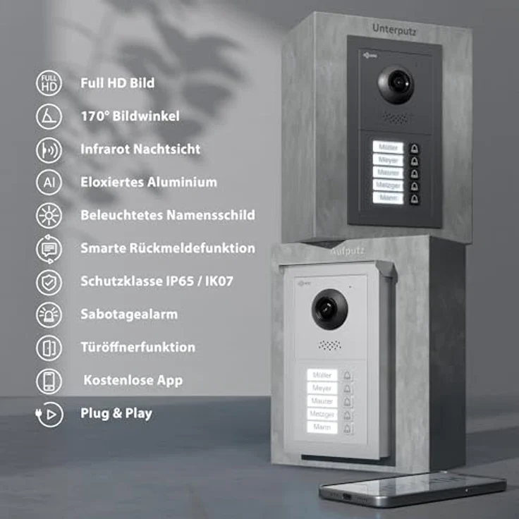 Goliath Intercom Basic-Line Video-Türsprechanlage mit 7-Zoll HD Monitor, 160° Kamera, 2-Draht Technologie, weiß/schwarz, für 5-Familienhaus – Bild 3