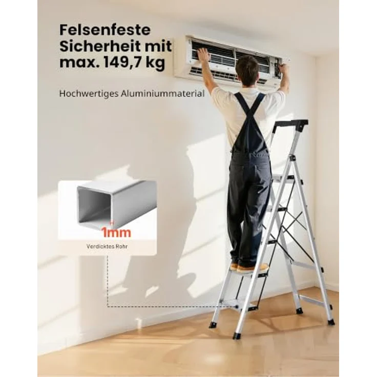 VEVOR Trittleiter 5 Stufen, Klappleiter mit Anti-Rutsch-Stufen, 150 kg Tragkraft, Aluminium Sicherheitsleiter mit praktischem Handgriff, Silber – Bild 4