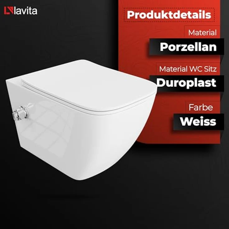 lavita Wand-WC Parana | Hänge Toilette mit Bidet-Funktion | Soft-Close WC-Sitz | Spülrandlos Hängend | 365x515x395 mm | Weißer Glanz - Preisvergleich – Bild 3