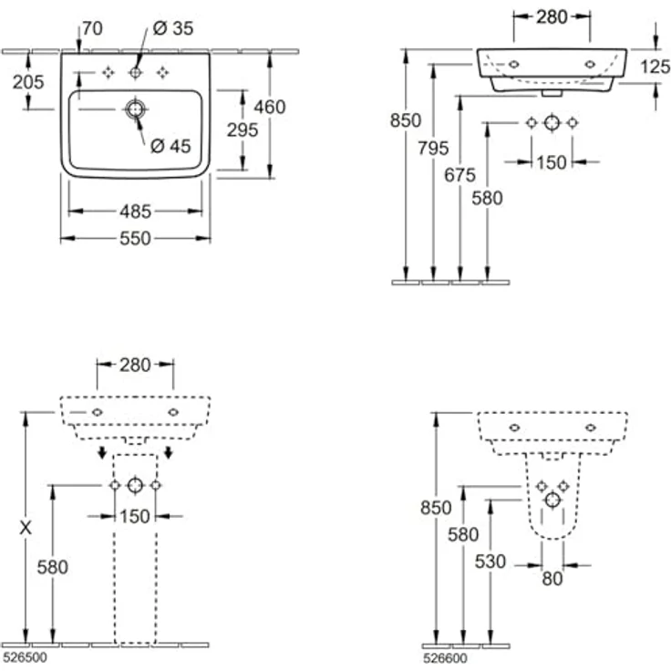 Villeroy & Boch Waschbecken O.novo 550x460mm, Eckig mit 1 Hahnloch und Überlauf, Weiß Alpin – Bild 2