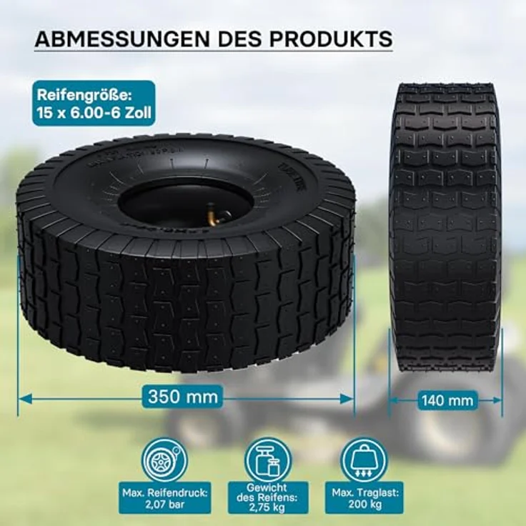 Wiltec - Reifen für den Aufsitzmäher 15x6.00-6 4pr mit Schlauch und Winkelventil Komplettrad Rasentraktor – Bild 4