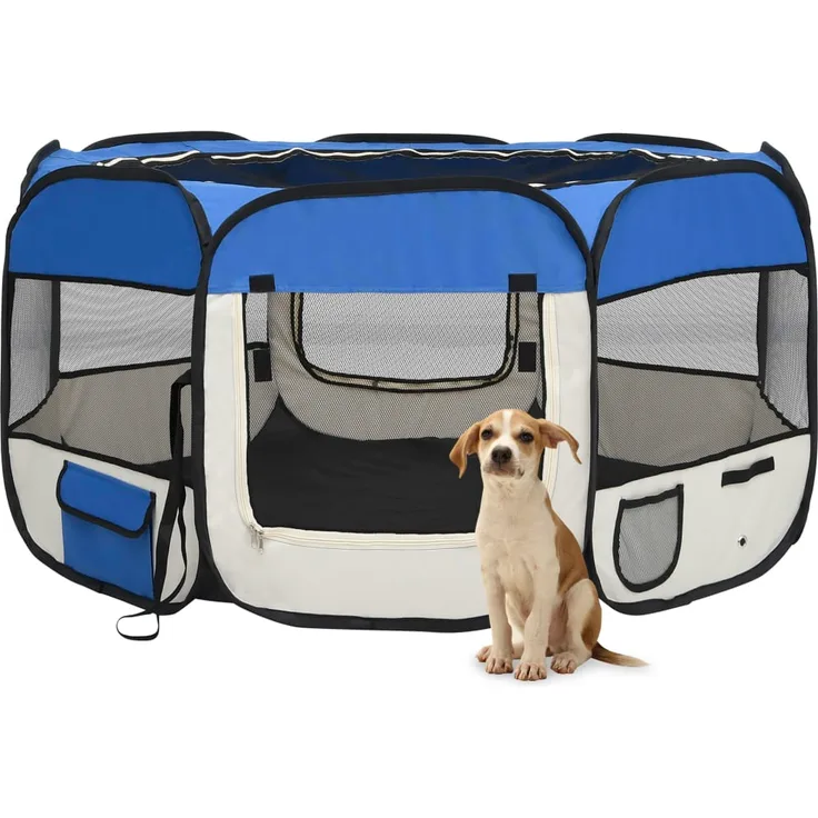 vidaXL Faltbarer Welpenlaufstall mit Tragetasche Blau 125x125x61 cm