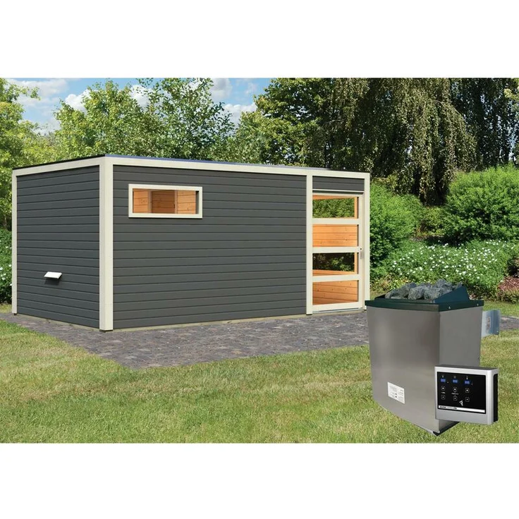 Karibu Saunahaus Hygge Set terragrau mit Ofen 9 KW, externe Steuerung easy – Bild 1