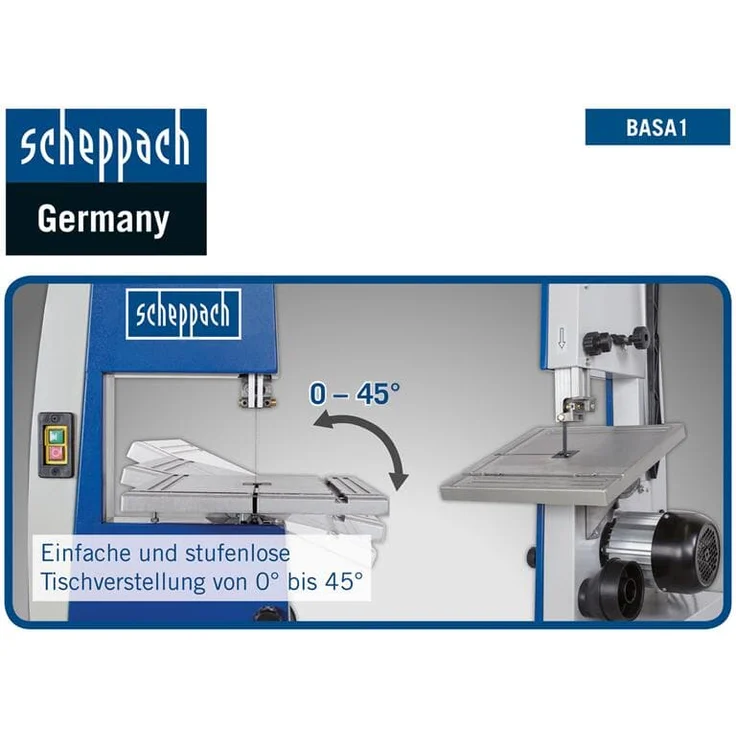 Scheppach Bandsäge BASA1 (300 Watt, max. Schnitthöhe: 100mm, Durchlassbreite: 195mm, bis zu 45° schwenkbarer Arbeitstisch, Bandrad-Ø: 200mm, Schnittgeschwindigkeit: 880m/min) – Bild 3