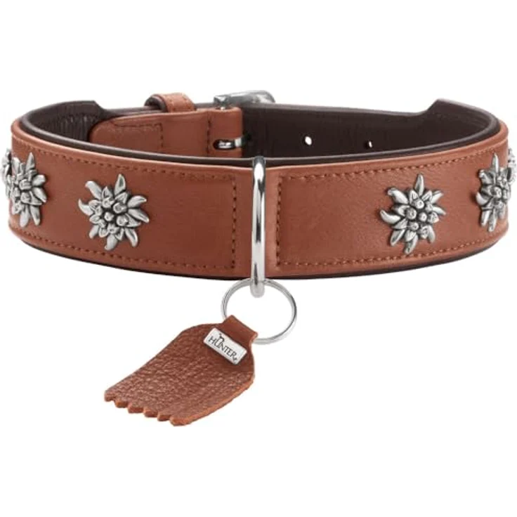 HUNTER Hundehalsband MÜNCHEN, Leder mit Trachten-Details, cognac/schwarz, fellschonend, Größe 60 – Bild 1